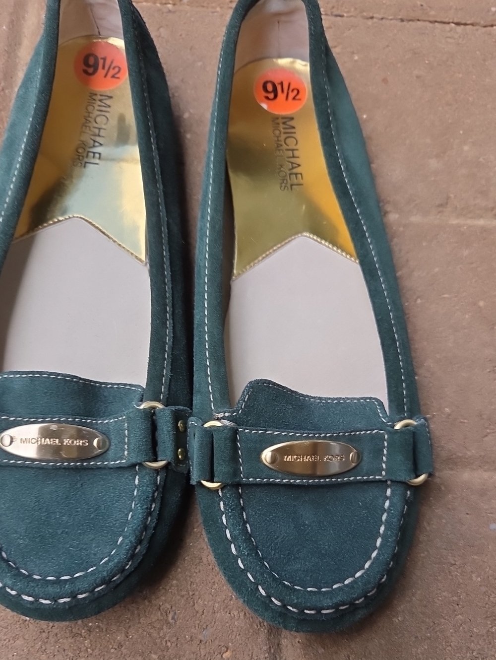Michael Kors Teal Suede Slip-On Loafers with Gold Plaque